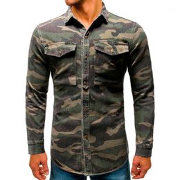 Casual Men Denim Shirt Long Sleeve Camouflage Print Retro Slim Fit Jeans Blouse With Pocket Man Dress Shirts Fashion Street Tops Men's