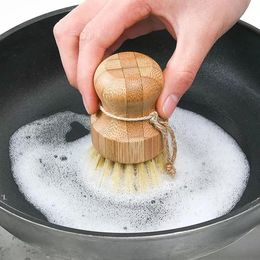 Wooden Bamboo Round Pot Dish Bowl Sink Stove Washing Brush Kitchen Tool Round Handle Easy Use Convenient Cleaning Tools BBB15414