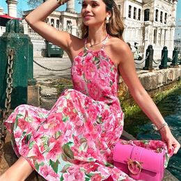 Foridol Sleevelss Halter Maxi Summer Dress for Women Sexy Backless Beach Pink Boho Robe Femme 2022 Lace Up Sundress Floral 220507
