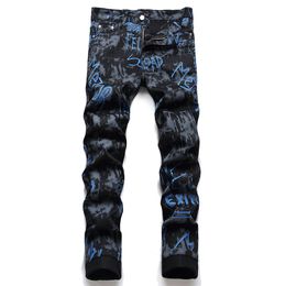 Summer Street Printing Black Jeans Pantalones Hombre Fashion Slim Cotton Denim Trousers Male Straight Casual Stretch Pants