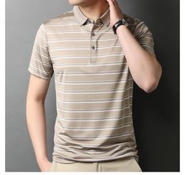 Mulberry Silk Male Polo Shirts Luxury Short Sleeve Business Casual Striped Thin Men's T-shirts Summer Golf Man Tees 3XL