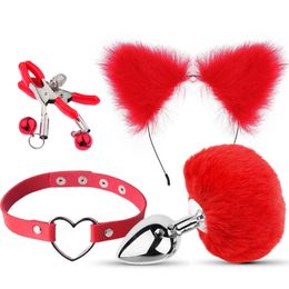 4PCS Plug Smooth Touch Cute sexy Toy Adult Game Foxes Tail Butt Heart Collar Breast Clamp with Ear Hairhoop