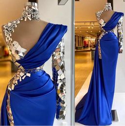 2022 Arabic Aso Ebi Luxurious Beaded Crystals Prom Dresses Royal Blue High Neck Evening Dress Sheath One Shoulder Split Mermaid Formal Party Gowns B0328