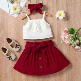 2022 Summer Girls Clothing Set Kids Clothes 3pcs Sets Lace Strap Tops+bow Belt Skirt+headband Fashion Sweet Teen Girl Suit 1-6Y G220509