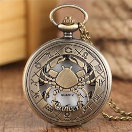 Pocket Watches Twelve Constellations Cancer Crab Bronze Hollow Quartz Watch Pendant Necklace Mens Womens Chain Boys Girls GiftPocket