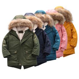 New Winter Jackets For Girls Plus Velvet Warm Jacket Thicken Fur Collar Hood Kids Windbreaker Outerwear 2-7Y Kids Clothing J220718