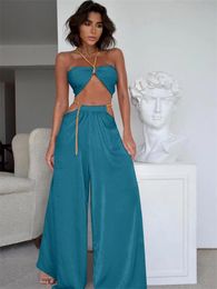 Women's Tracksuits Y2K Satin Two Piece Set Women Summer Fashion Clothes Chain Halter Camis Crop Top Wide Leg Pants Suit Sexy Streetwear Outf