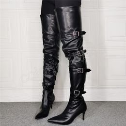 Thigh High Boots Stiletto Heels Sexy Full Zipper Belt Over-the-knee Long Boots Lacquered Patent Black Plus Size