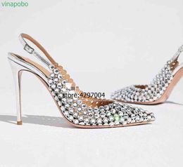 Luxury Crystal Embellished Diamond Slingback Pumps High Heel Pointed Toe Shinny Metallic Leather Silver Black Party Dress Shoes220513