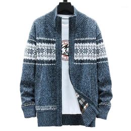 Men's Jackets Men Striped Coat Knitted Long Sleeve Cardigan Autumn Winter Printing Stand Collar Sweater Outerwear Plus Size 3XL