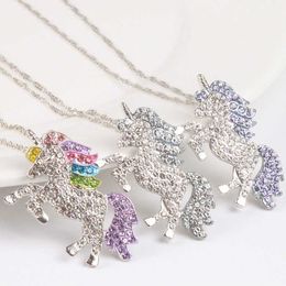 Women Kids Necklace And Colorful Unicorn Diamond Pendant Necklace Children Sweater Chain Jewellery Accessories