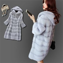 New Winter Warm Artificial Decent Faux Mink Fur Coat with Hood Luxury Fake Fur Coats Plus Size Outwear Women Overcoat T200507