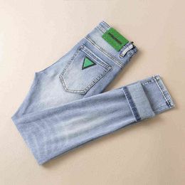 Spring 2023 and Summer Men's Jeans Light Blue Thin Boutique Simple Medium Waist Micro Elastic Small Straight Jean