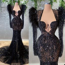 Sexy Black Beads Mermaid Evening Dresses Long Sleeve Ostrich Feather Custom Made Illusion Prom Gowns robes de