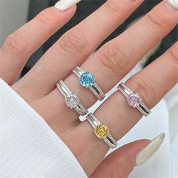 luxury colorful 925 Sterling Silver wed ring for woman round love diamond ring designer jewelry 8A Zirconia Pink White Engagement Bride Wedding Rings 6-9 With Box Gift