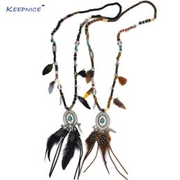 -Chokers Tibet Gypsy vintage antique pendentif argenté collier ethnique collier de perles noires pendants plume