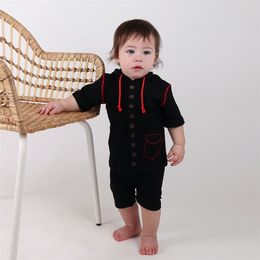 kids tshirt short sleeve black ribbed with hood front buttons baby boy girl clothes summer clothing red pocketstring 220607