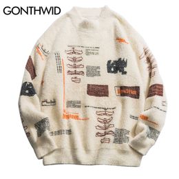 GONTHWID Graffiti Knitted Pullover Jumper Sweaters Streetwear Hip Hop Casual Long Sleeve Turtleneck Knitwear Sweater Men Tops 220817