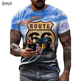Summer Mens T Shirts Oversized Loose Clothes Vintage Short Sleeve Fashion 66 Letters Printed O Collared Tshirts Route 66 Men 220521