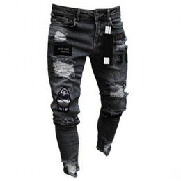 Men Stretchy Ripped Skinny Biker Embroidery Cartoon Print Jeans Destroyed Hole Slim Fit Denim High Quality Hip Hop Black 220810