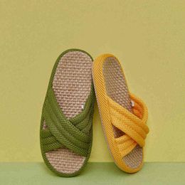 Home Linen Sandals And Slippers Women Summer Indoor Breathable Mute Thick Soles Slippers Men Beach Casual Slippers J220716