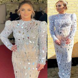 2022 Plus Size Arabic Aso Ebi Silver Luxurious Sparkly Prom Dresses Beaded Crystals Evening Formal Party Second Reception Birthday Engagement Gowns Dress ZJ322