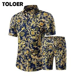 Casual Suit Mens Hawaiian Beach Summer Sets 2020 Brand Clothing Turndown Collar Business Tops Shirts Shorts Fashion Mens Set LJ201126