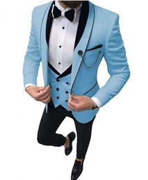 Brand New Light Blue Groom Tuxedos Shawl Lapel Slim Fit Groomsmen Wedding Dress Excellent Man Jacket Blazer 3 Piece Suit Jacket Pants Vest Tie 1299