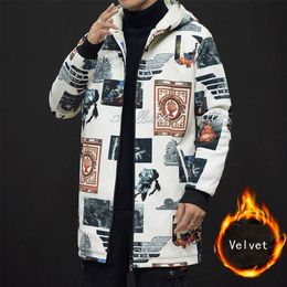 winter Men fashion bigger sizes printing Fleece trench Plus velvet thicken coat Medium long trench coat male Chinese style 201128