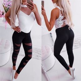 Plus Size Women Black Mesh Patchwork Bodycon Women Pants Women High Wasit Pants Sexy Sweatpants Joggers T200606