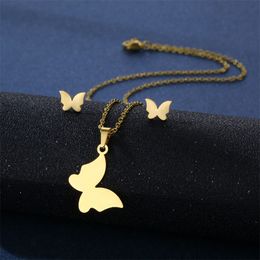 Fashion Butterfly Stainless Steel Necklace Stud Earrings Set Women's Temperament Niche Clavicle Chain Gold Colour Pendant Jewellery