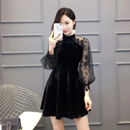 Casual Dresses Spot Winter Socialite Dress Black Pleuche Splicing Gauze Lantern Sleeve DressCasual