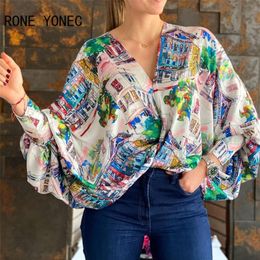 Women Chic Casual Graphic V neck Puff Batwing Sleeves Spring Loose Blouse Tops 220407