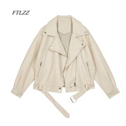 FTLZZ Spring Women Pu Leather Motorcycle Jacket Female With Belt Solid Color Jackets Ladys Loose Casual Jacket 201214