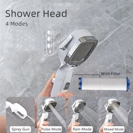 4 Modes High Pressure Shower Head With Switch On Off Button Sprayer Water Saving Adjustable Shower Nozzle Filter For Bathroom 220525