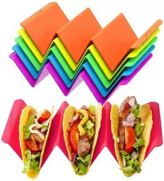 Colourful Taco Holders Premium Large Tacos Tray Plates Holds Up To 3 or 2 Each PP Health Material Very Hard and Sturdy Dishwasher Microwave Safe B0527S