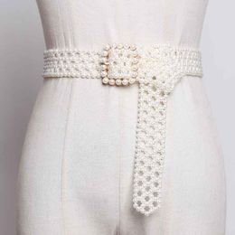 Belts SeeBeautiful Fashion Spring 2022 Summer Man-made White Pearl Woven Hollow Long Wide Belt Square Pin Buckle Girdle Women A063