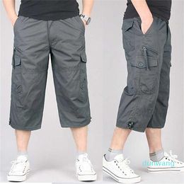 Summer Mens Casual Cotton Cargo Shorts Overalls Long Length Multi Pocket breeches Military Pants Male Cropped