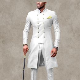 African Slim Fit Mens Suits Stand Collar 2 Pieces Wedding Tuxedos Long Jacket And Pants Middle East Arabic White Royal Blue Groom Formal Wear Prom Party Blazer Set