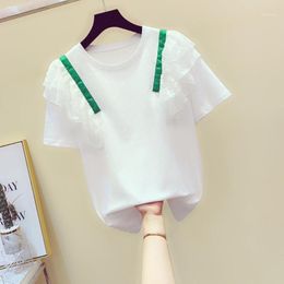 Women's T-Shirt 2022 Summer O Neck Lace Ruffles Short Sleeves Tee Girls Pullover Casual Tops Tees A2628