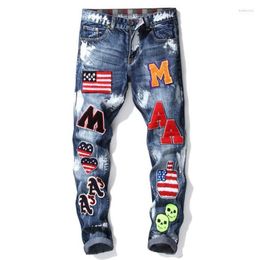 straight flag Canada - Free Delivery 2022 Men's American Flag Badge Patches Blue Denim Jeans Slim Fit Straight Letters Painted Long Pants Trousers Drak22