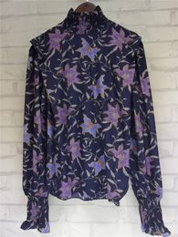 Women's Blouses & Shirts Women Purple Floral Print Viscose Blouse Elastic Ruffled High Neck Wide Shoulder Long Sleeves Smocked Cuffs