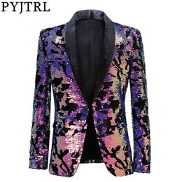 PYJTRL Fashion Purple Colourful Velvet Sequins Blazer Masculino Slim Fit Men Suit Jacket Stage Singer Costume Shiny Blazers 220527