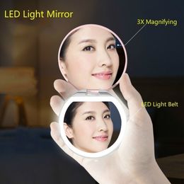 Cosmetic Mini Portable pocket LED Makeup Mirror with Light Rechargeable Hand Compact 3X Magnifying Makeup Folding Beauty Y200114