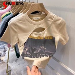 Summer Hollow-out Short-Sleeved Slim-Fit Short Letter Girl Sexy Top Ins T-shirt for Women Crop Tops 220411