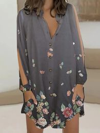 Casual Dresses Office ElegantTurn Down Collar Button Blouse Vintage Butterfly Printed Loose Shirts Long Sleeve Hollow Out Pullover Tops