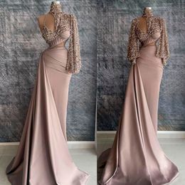 Rose Pink Sequined Mermaid Evening Dresses With Detachable Train Elegant Satin Cut Out Full Sleeves For Women Party Gowns