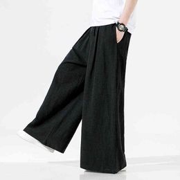 2022 Spring Men Linen Wide Leg Pants Mens Harajuku Streetwear Black Harem Pants Male Chinese Style Han Fu Kongfu Trousers L220706