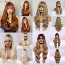 Long Water Wavy Synthetic Wigs with Bangs Natural Wave Dark Brown Cosplay Hair Wig for Women African Heat Resistant Fibre 220622