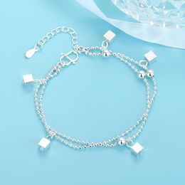 Link Chain 925 Stamp Square Double Layer Bracelet Female Korean Fashion Simple Round Bead Jewelry WholesaleLink